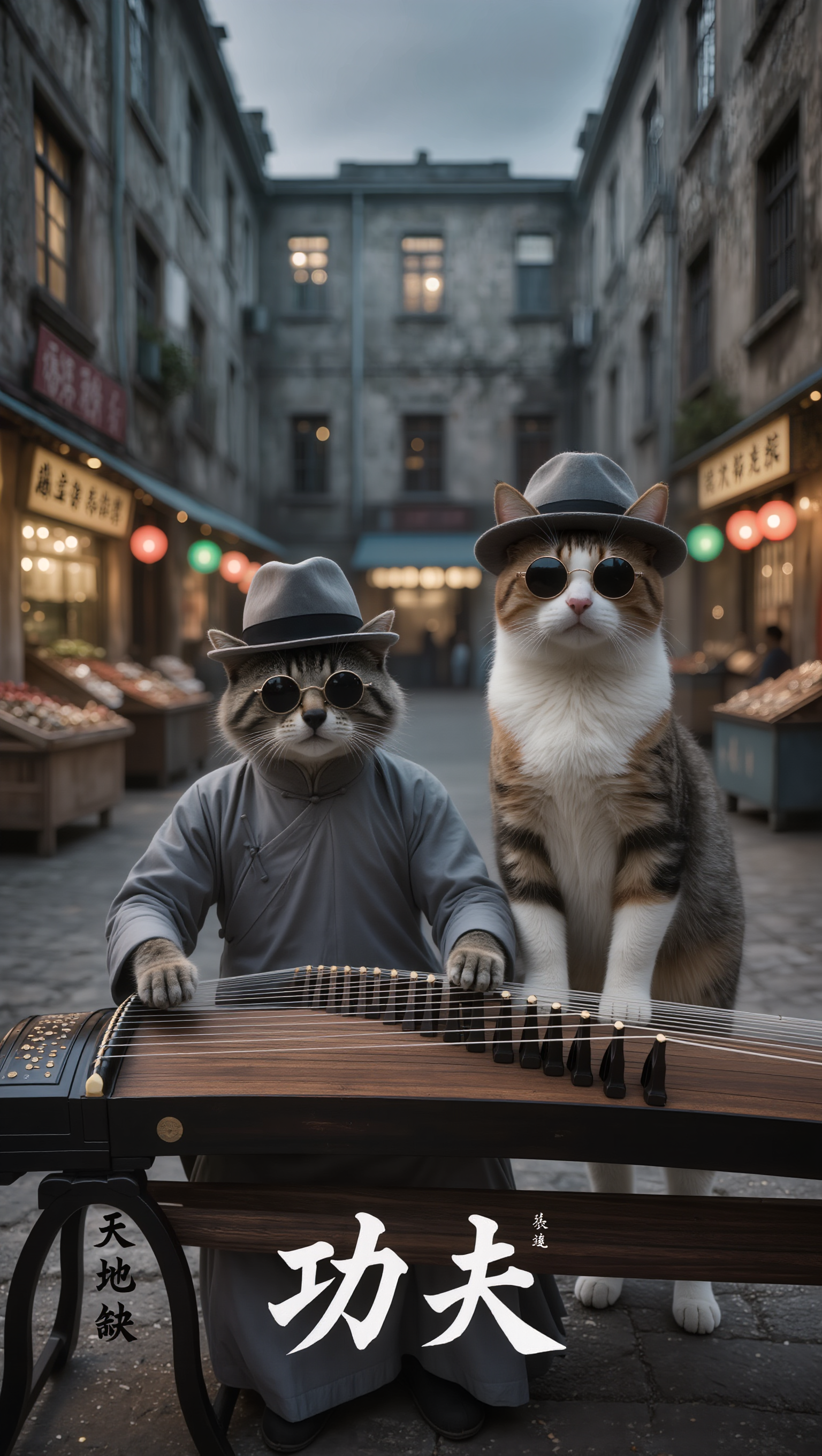 两只猫咪中式装扮古筝演奏夜晚大杂院| AI Image, image size:1536x2720